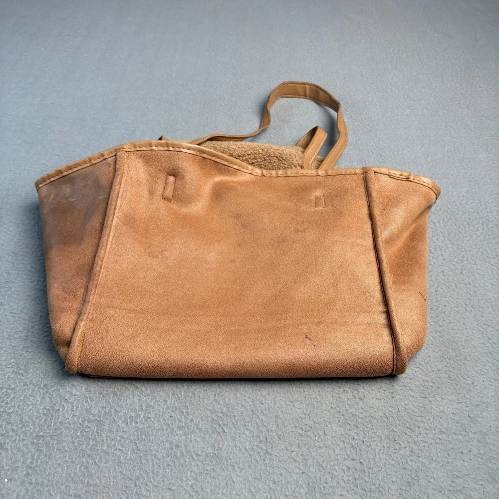 Neiman Marcus Faux Shearling Sherpa Tote Bag Camel Tan Brown Shoulder Bag